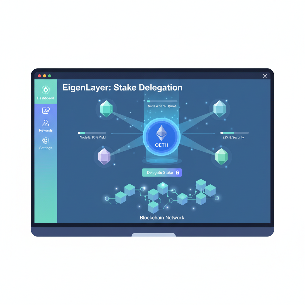 EigenLayer dashboard delegating OETH to AVS nodes, holographic stake delegation, blockchain network visualization