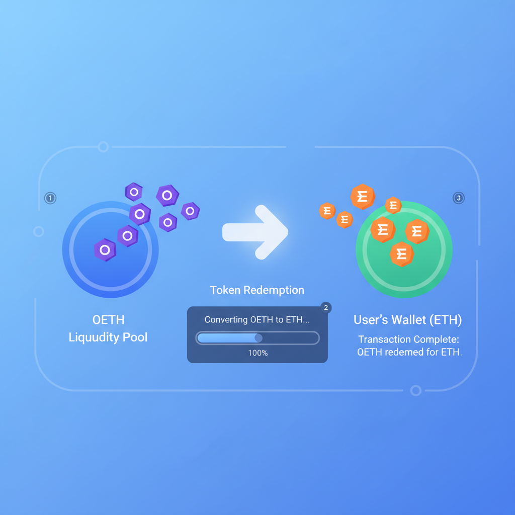 Liquidity pool exit flow OETH to ETH, smooth token redemption UI, fluid DeFi transaction animation