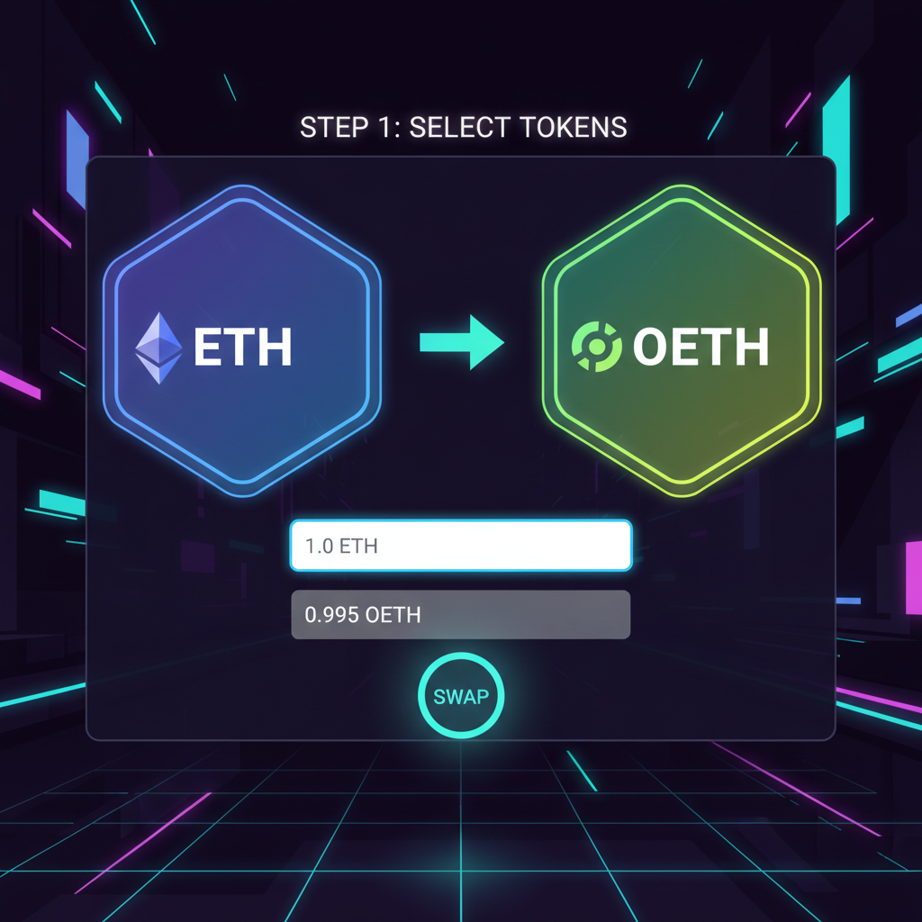 Futuristic DEX swap interface converting ETH to OETH tokens, glowing liquidity pools, cyberpunk DeFi vibe