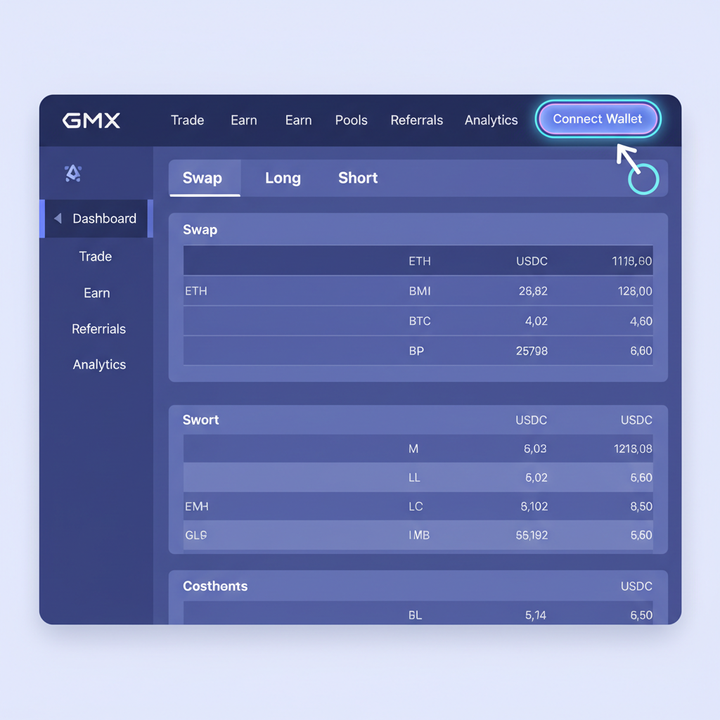 Clean screenshot of GMX Arbitrum dashboard with wallet connection button highlighted, modern DeFi UI, blue and purple tones