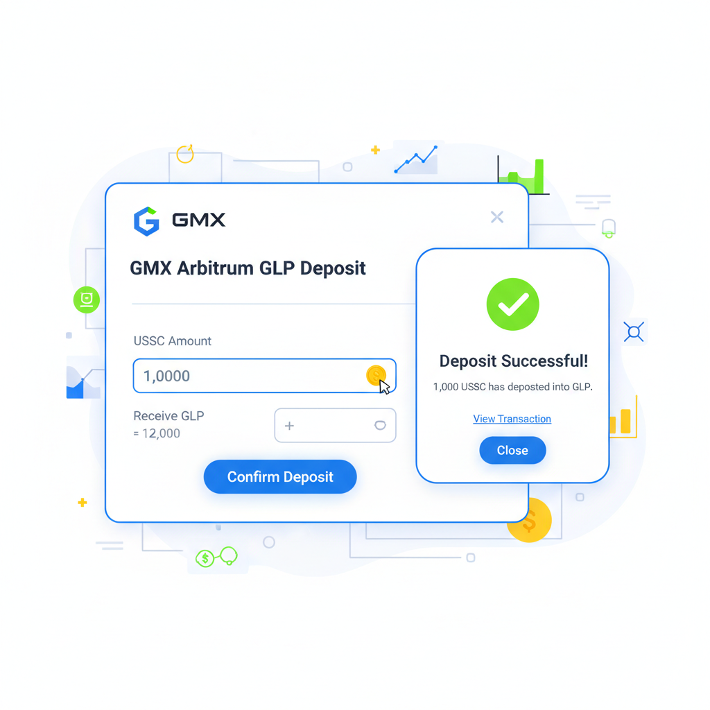 GMX Arbitrum GLP deposit interface, user inputting USDC amount, success confirmation popup, vibrant DeFi graphics