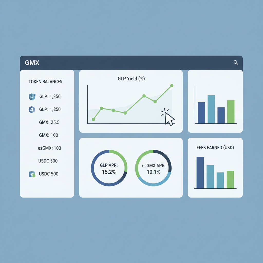 GMX Arbitrum analytics dashboard showing GLP yield charts, APR metrics, token balances, professional graphs