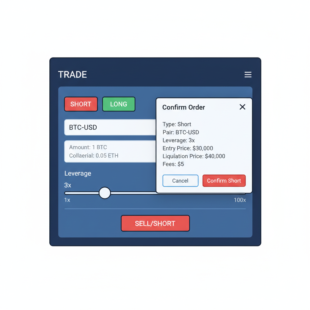 GMX Arbitrum perp trading interface opening short BTC position, leverage slider at 3x, order confirmation