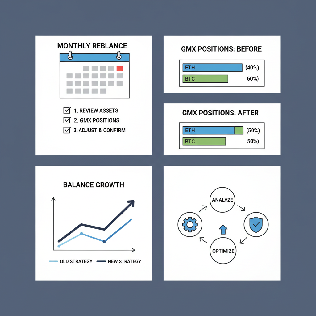 Calendar view with rebalance checklist, GMX positions overview before/after adjustment, balance graphs