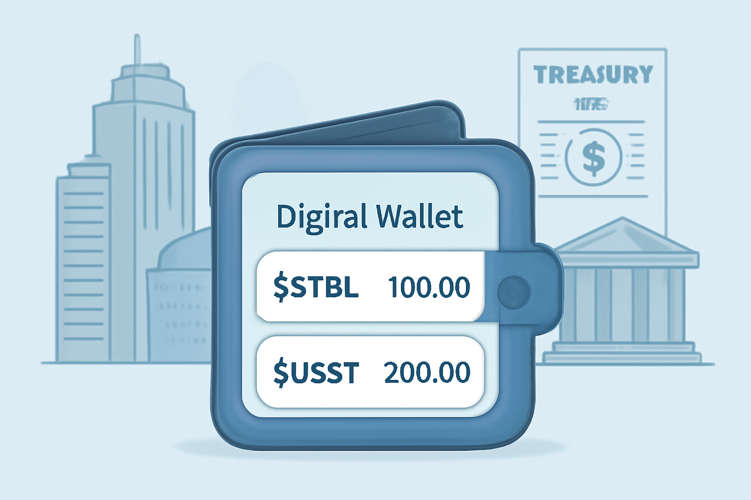 A digital wallet displaying $STBL and USST stablecoins, with real-world assets like buildings and treasury bills in the background, modern DeFi interface, clean and futuristic style.
