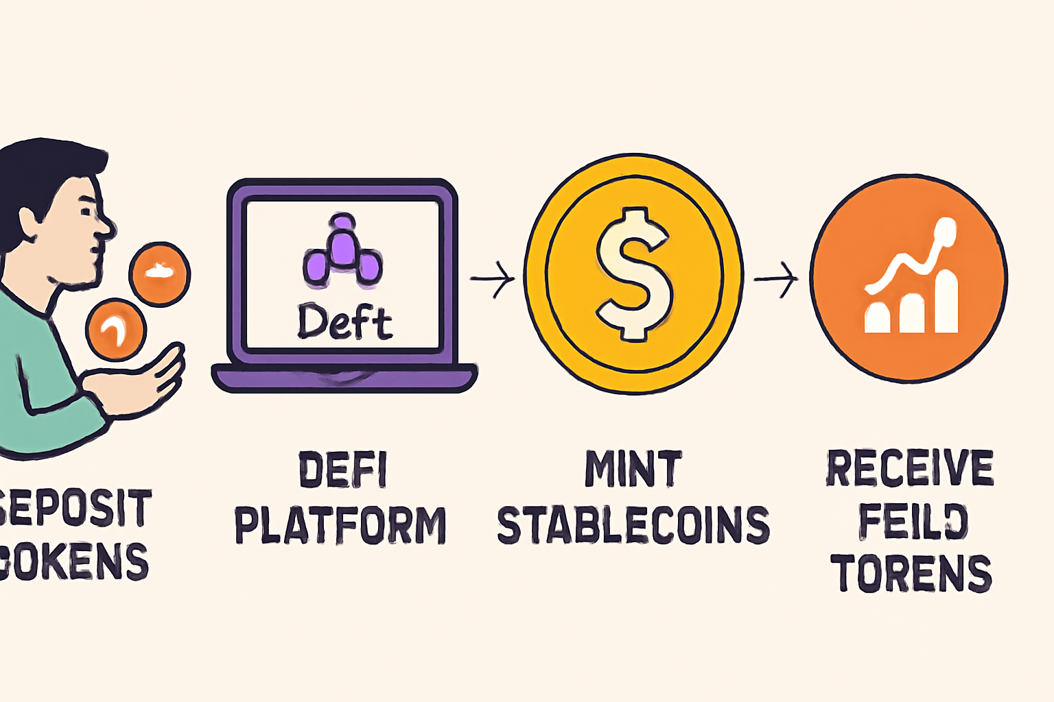 A user depositing digital tokens into a DeFi platform, minting stablecoins and receiving yield tokens, blockchain visuals, easy-to-understand infographic style.
