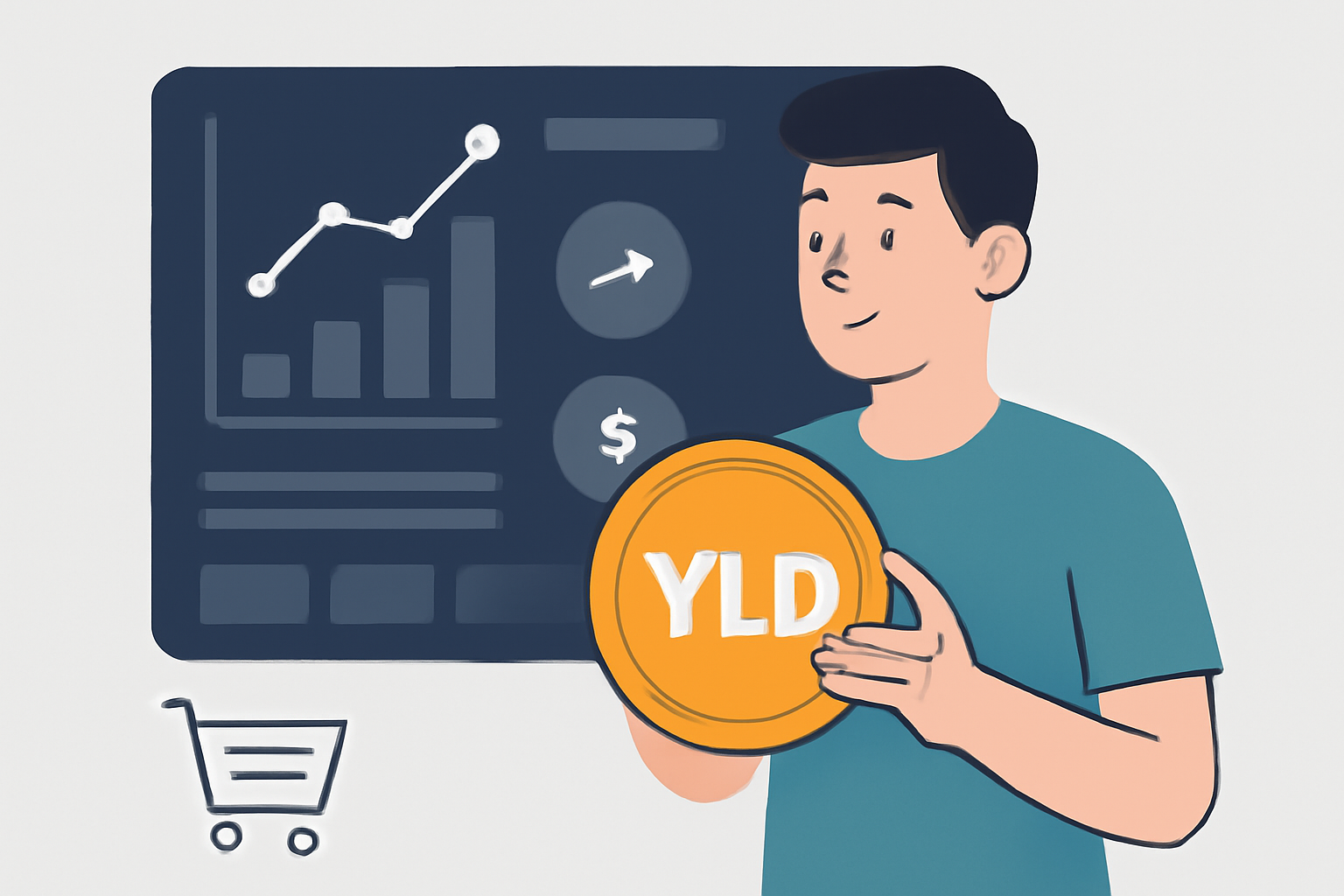 A user holding or trading YLD tokens on a digital marketplace, with yield graphs and trading icons, sleek and modern crypto exchange interface.