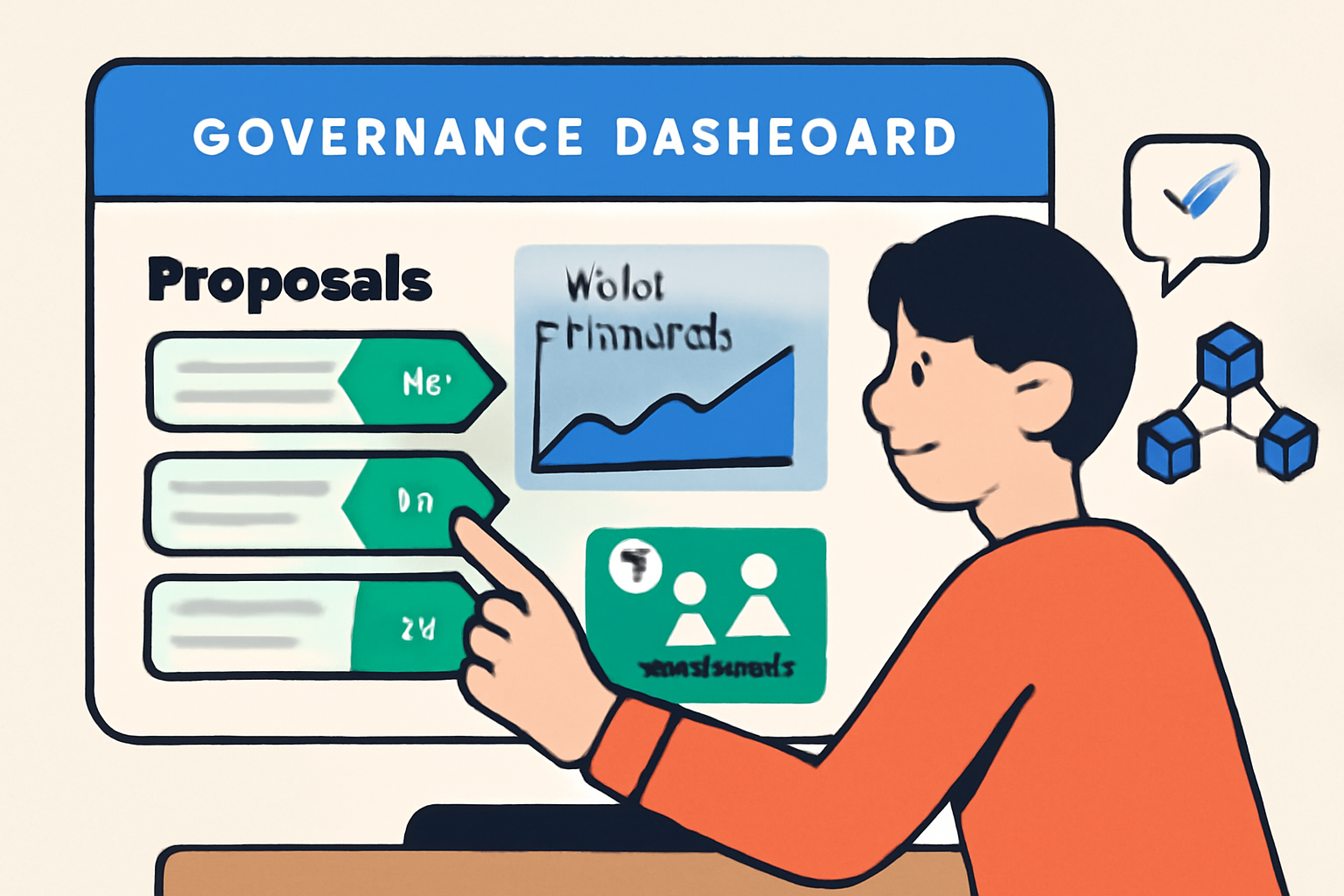 A user interacting with a governance dashboard, voting on proposals, and monitoring yield rewards, community and blockchain elements, friendly and accessible style.