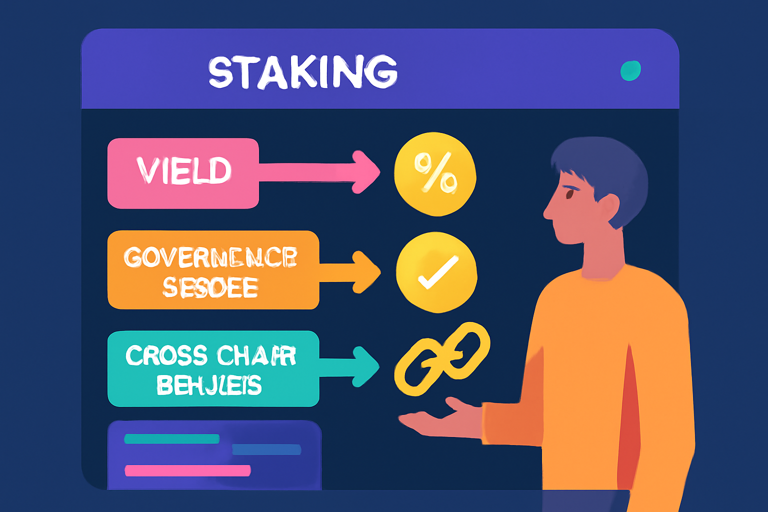 A futuristic staking dashboard showing multiple reward streams (yield, governance tokens, cross-chain bonuses) flowing to a user, vibrant and engaging style.