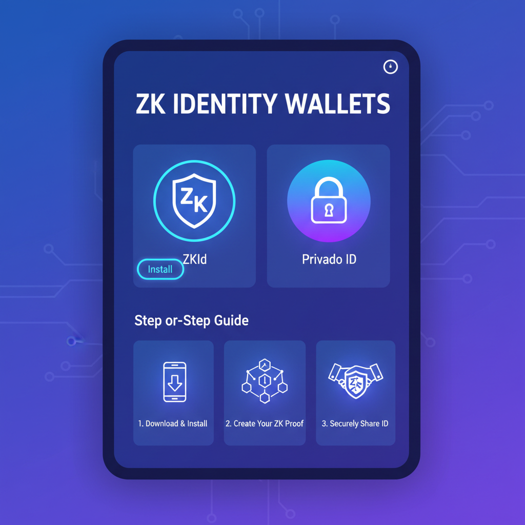 sleek mobile app store screen showing zk identity wallets like ZKId and Privado ID, futuristic UI, neon blues and purples
