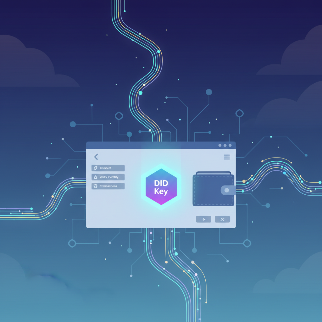 digital creation of DID key glowing in wallet interface, abstract blockchain nodes connecting, ethereal light