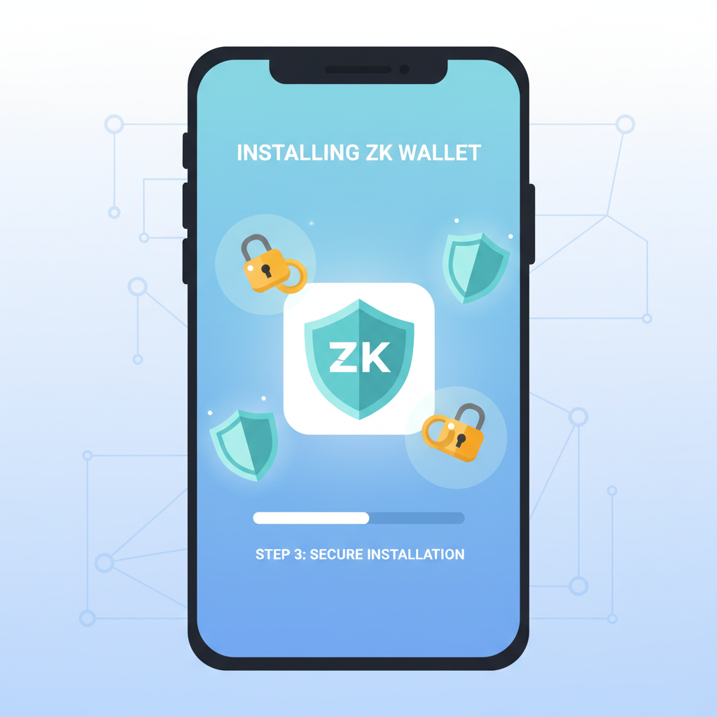 smartphone installing zk wallet app, security shields and locks glowing, modern minimalist design