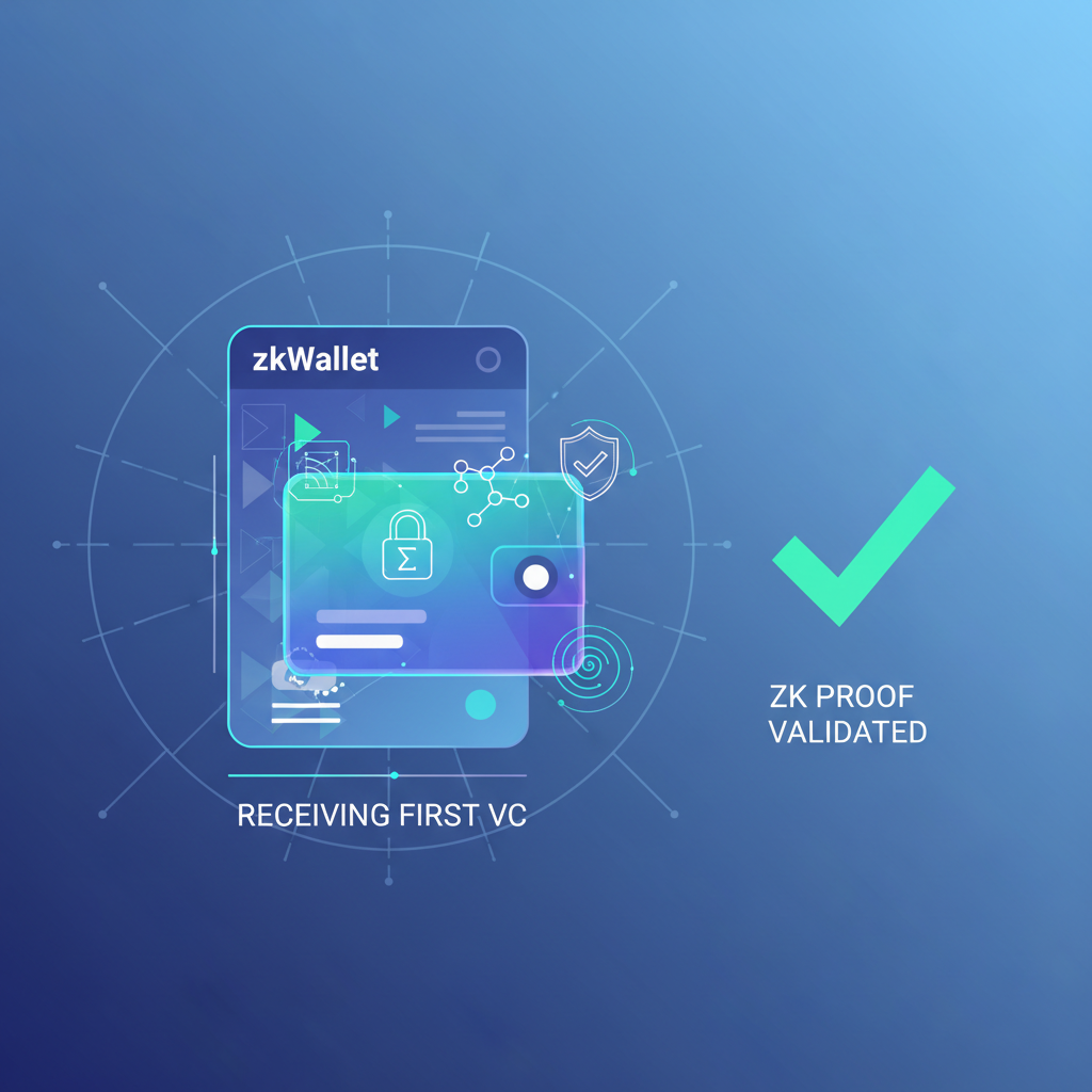 receiving first VC in zk wallet, credential card materializing with ZK proof icons, vibrant digital art