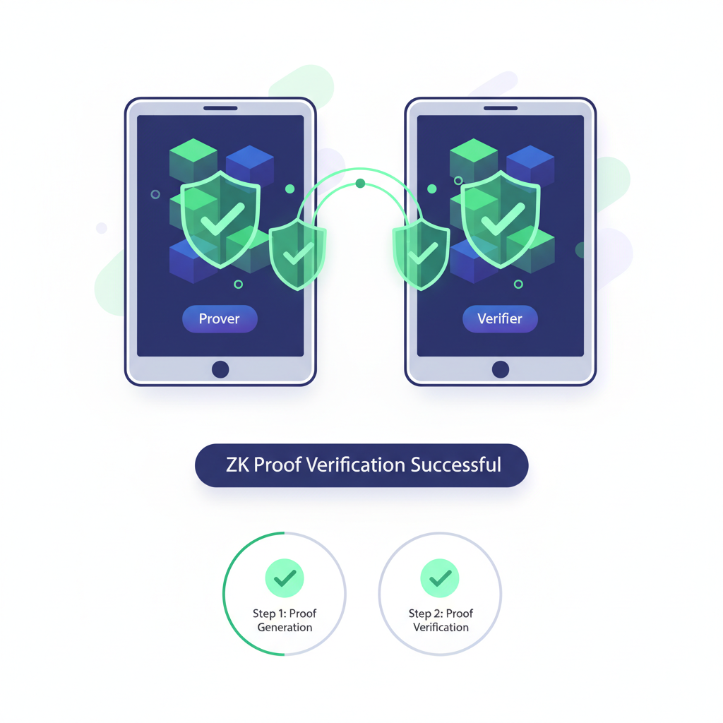 successful ZK proof verification on two devices, green checkmarks, privacy shields connecting, optimistic cyber aesthetic