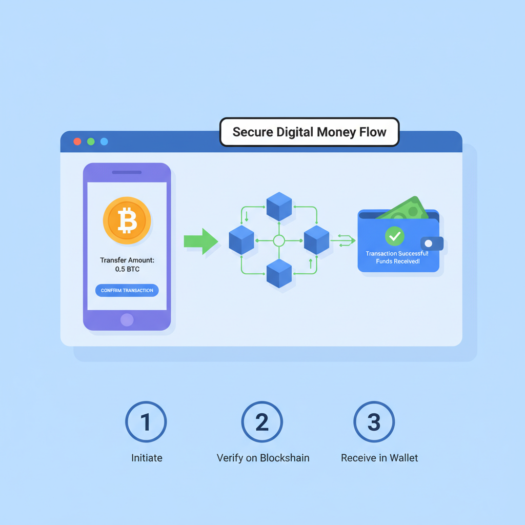 transferring cryptocurrency to wallet, blockchain transaction screen, secure digital money flow