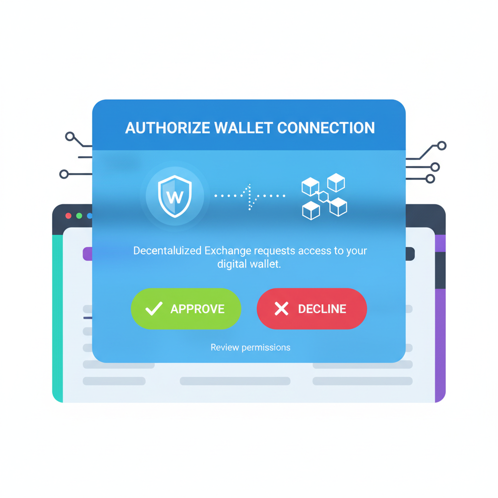 connecting wallet to blockchain exchange, pop-up authorization screen, futuristic UI