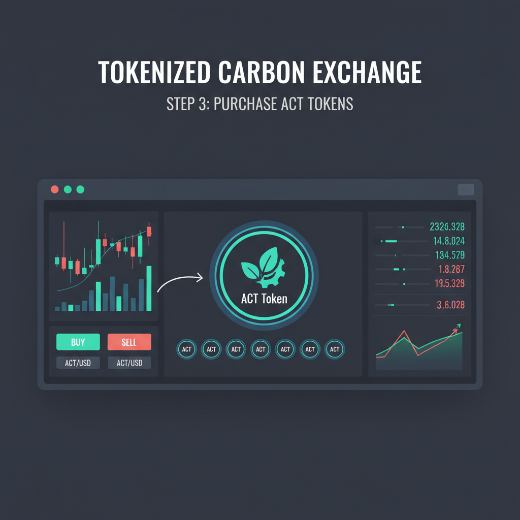 buying tokenized carbon credits on exchange, ACT token icons, market charts glowing