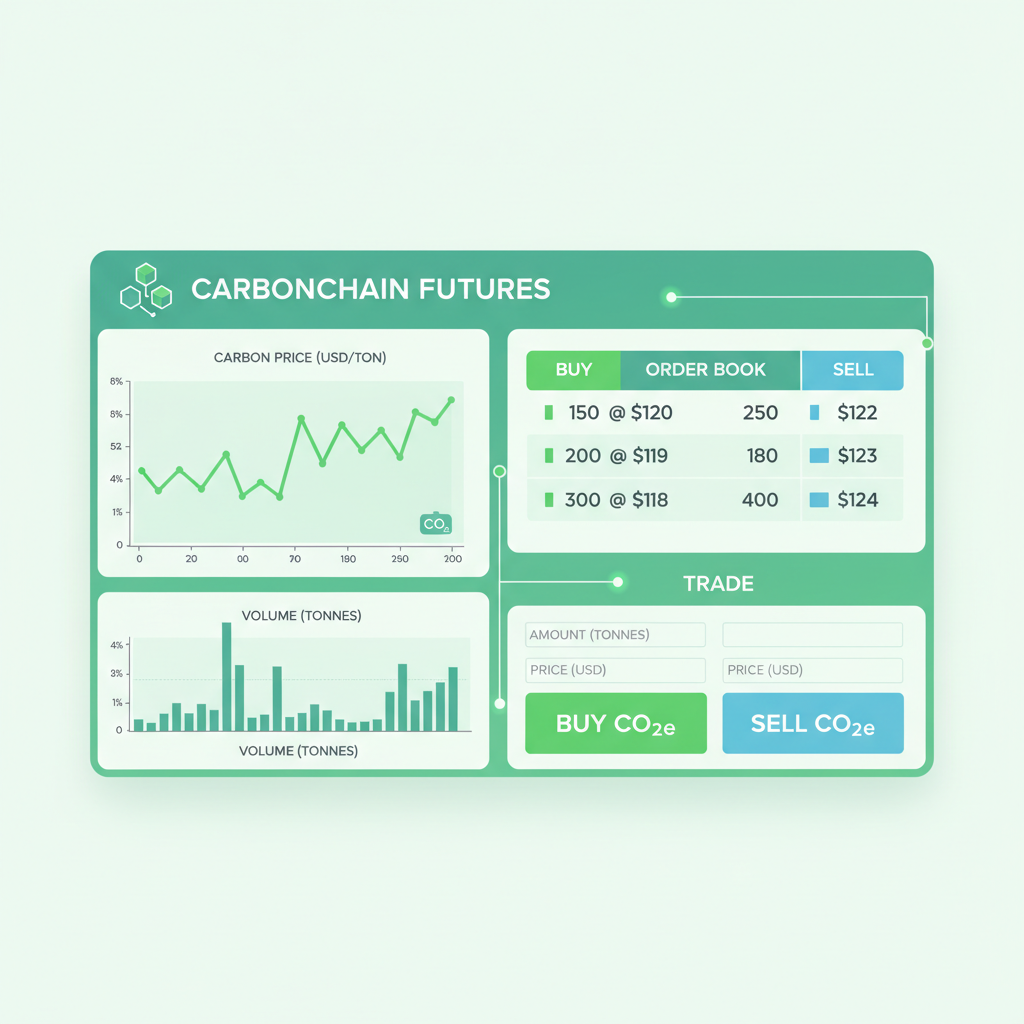 carbon futures trading dashboard, charts and order book, green blockchain theme