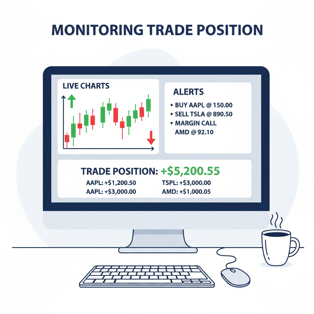 monitoring trade position on screen, live charts and alerts, intense trading atmosphere