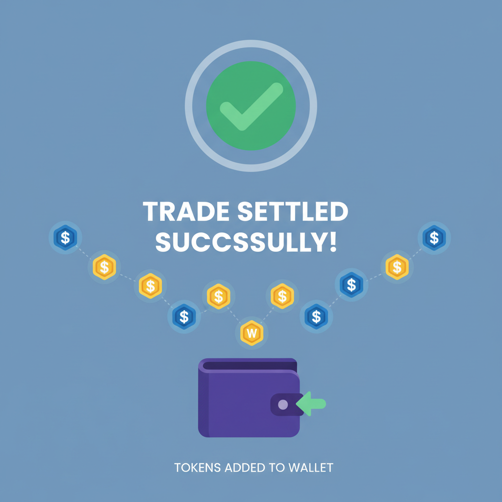 settling blockchain trade, success confirmation screen, tokens flowing to wallet