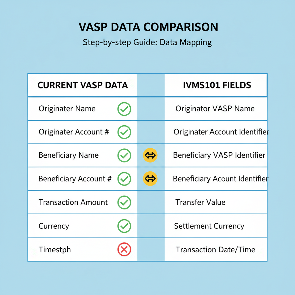 comparison table current VASP data vs IVMS101 fields with match gap icons