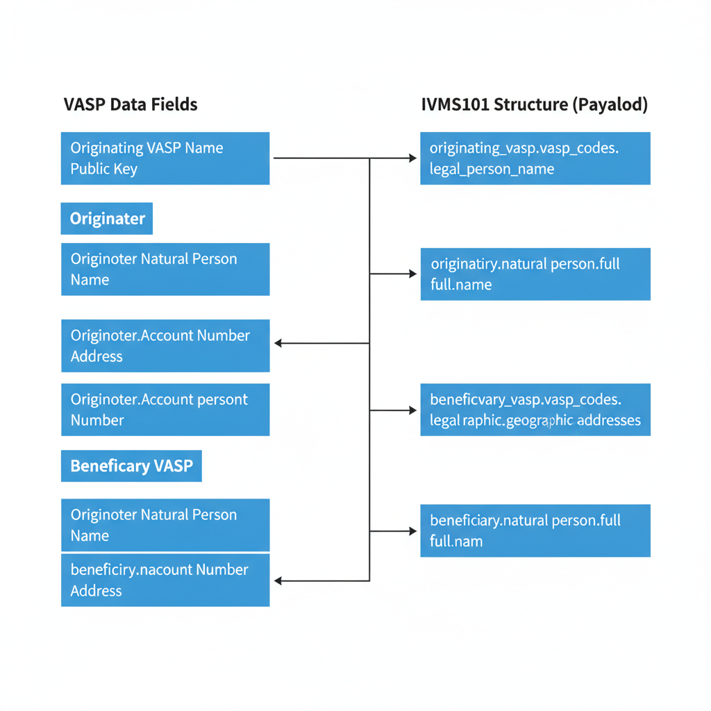 flowchart mapping VASP data fields to IVMS101 structure with arrows