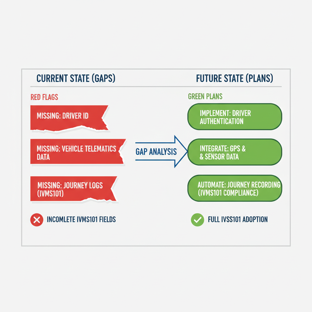 gap analysis chart with red flags for missing IVMS101 fields and green plans