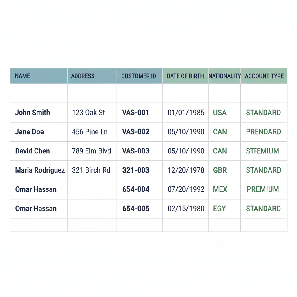 spreadsheet grid listing VASP customer data fields like name address ID