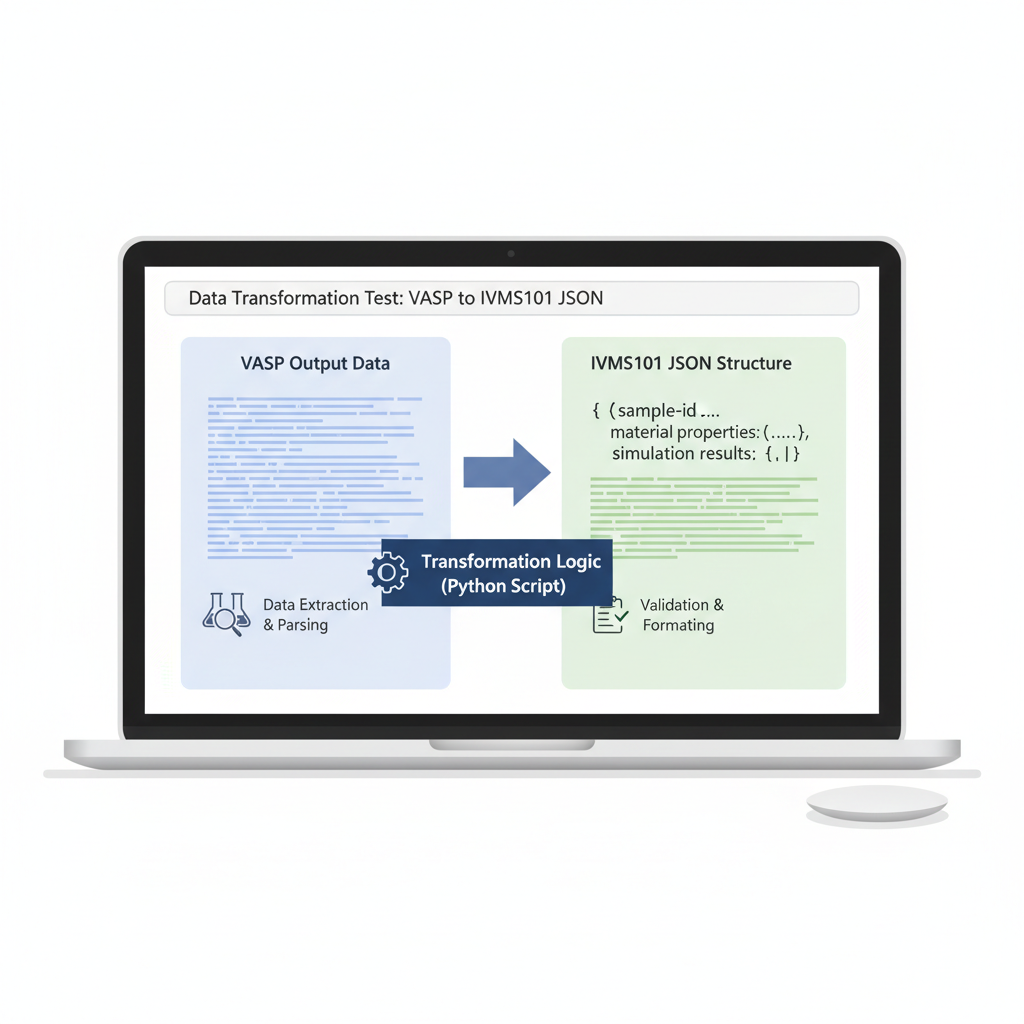 laptop screen showing data transformation test from VASP to IVMS101 JSON