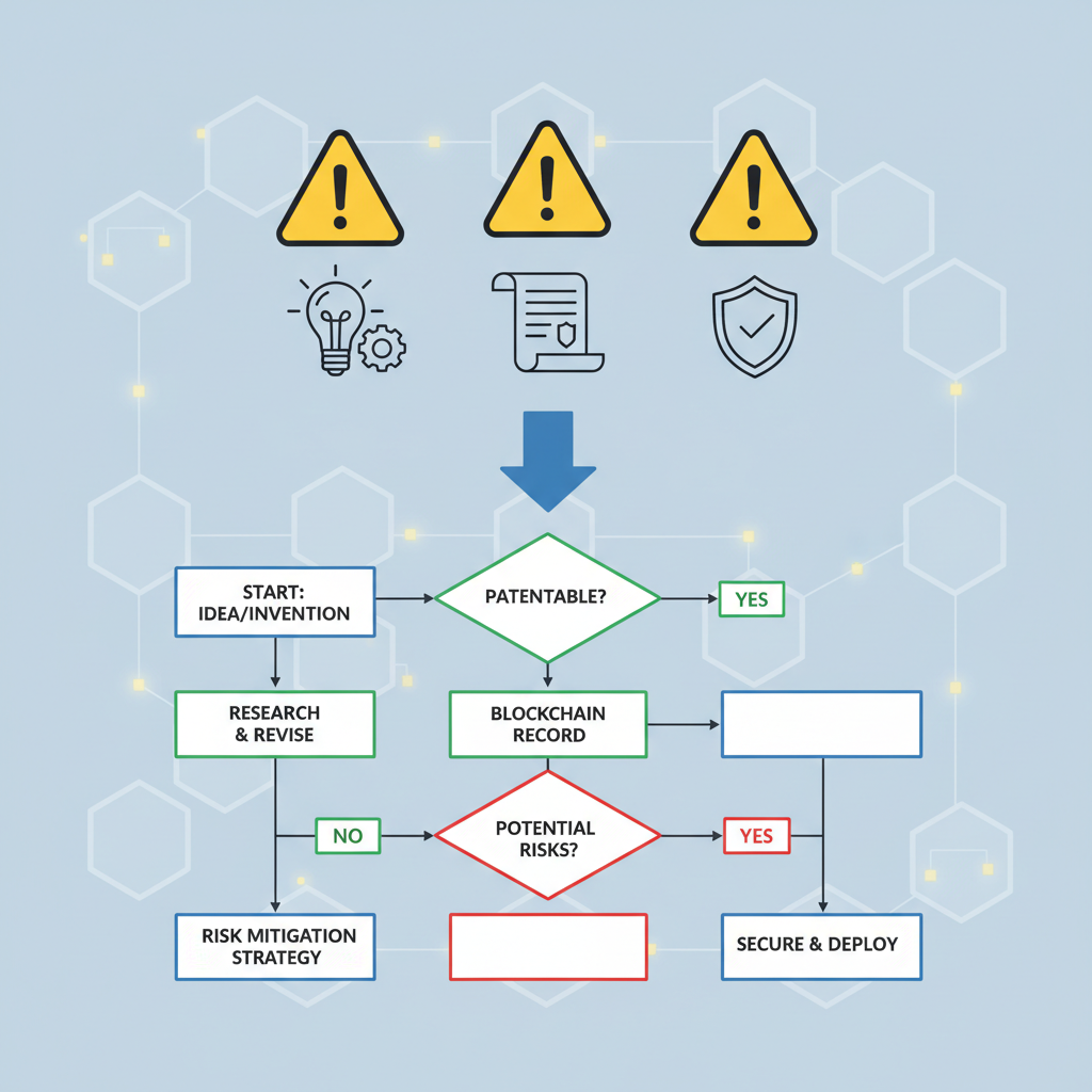 warning signs over patent icons, risk assessment flowchart on blockchain