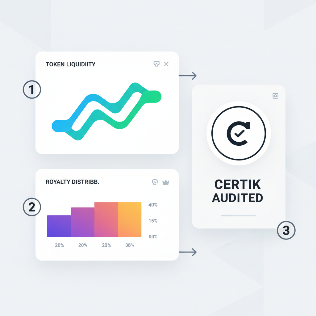 dashboard displaying token liquidity charts, royalty graphs, Certik audit badge