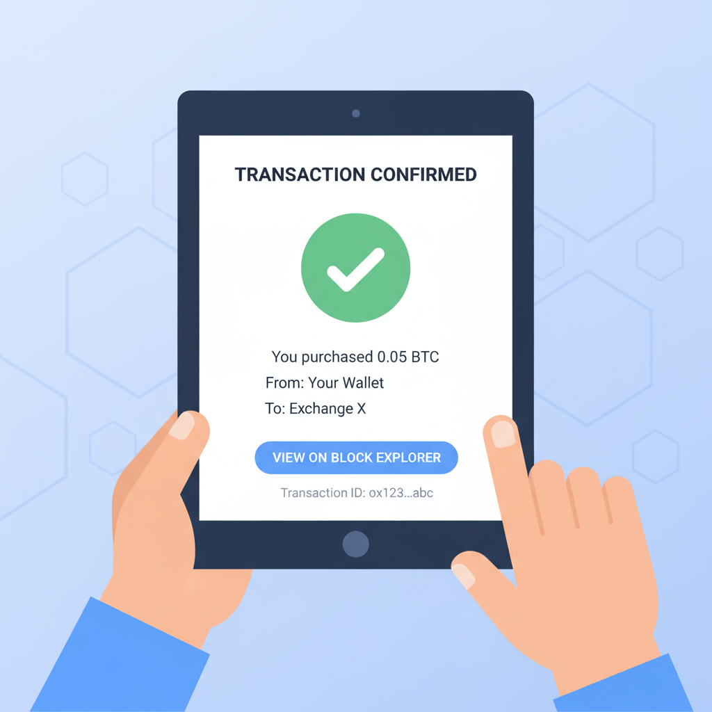 user completing crypto purchase on blockchain platform, confirmation screen