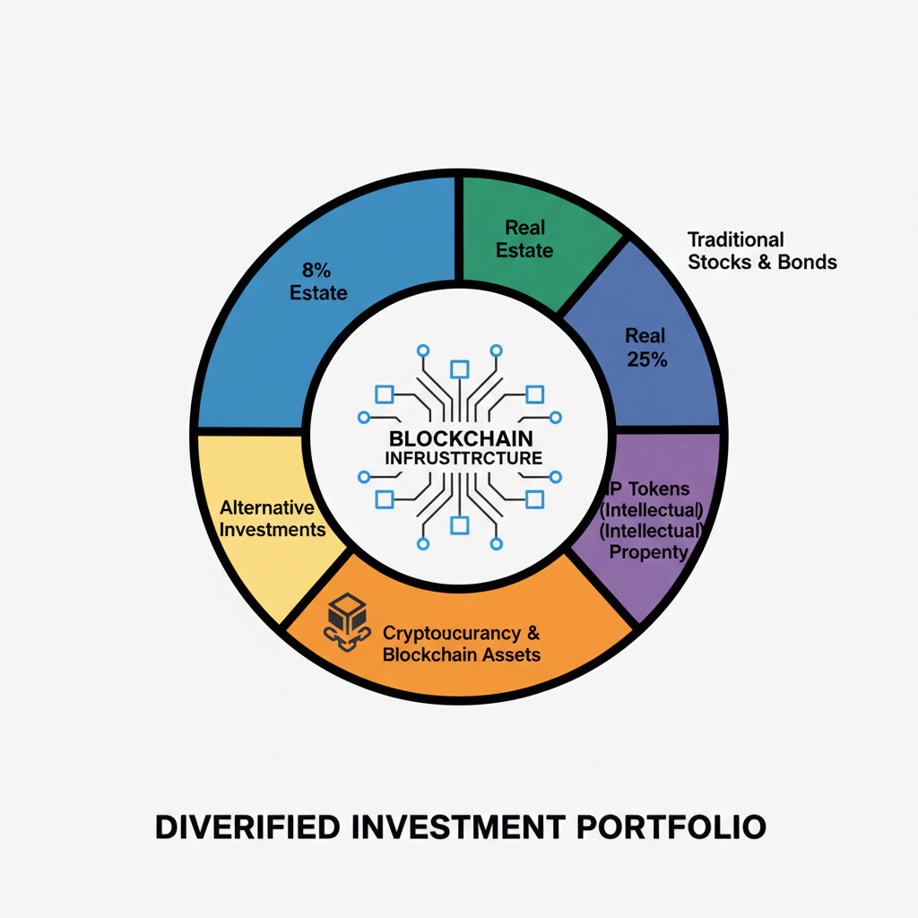 diversified investment portfolio pie chart with IP tokens and blockchain