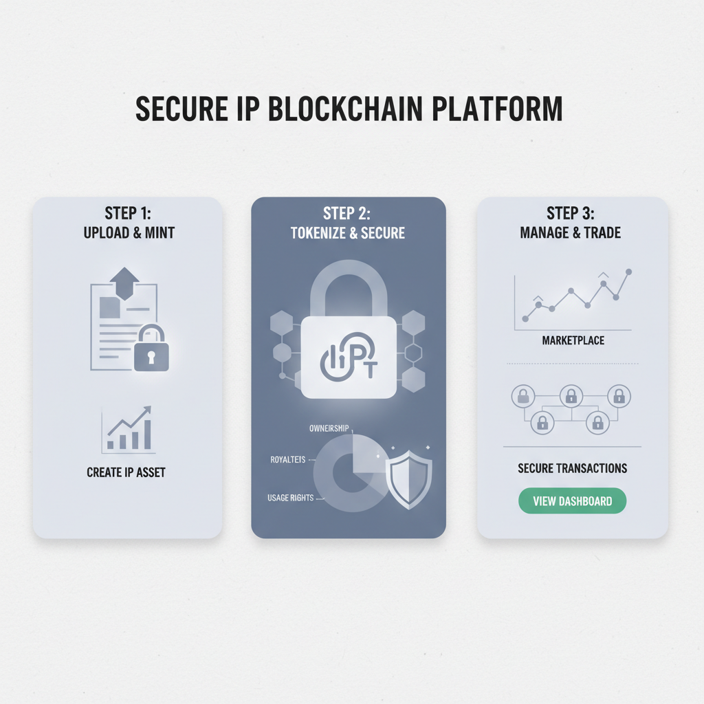 secure blockchain platform interface for IP tokens, lock icons and charts