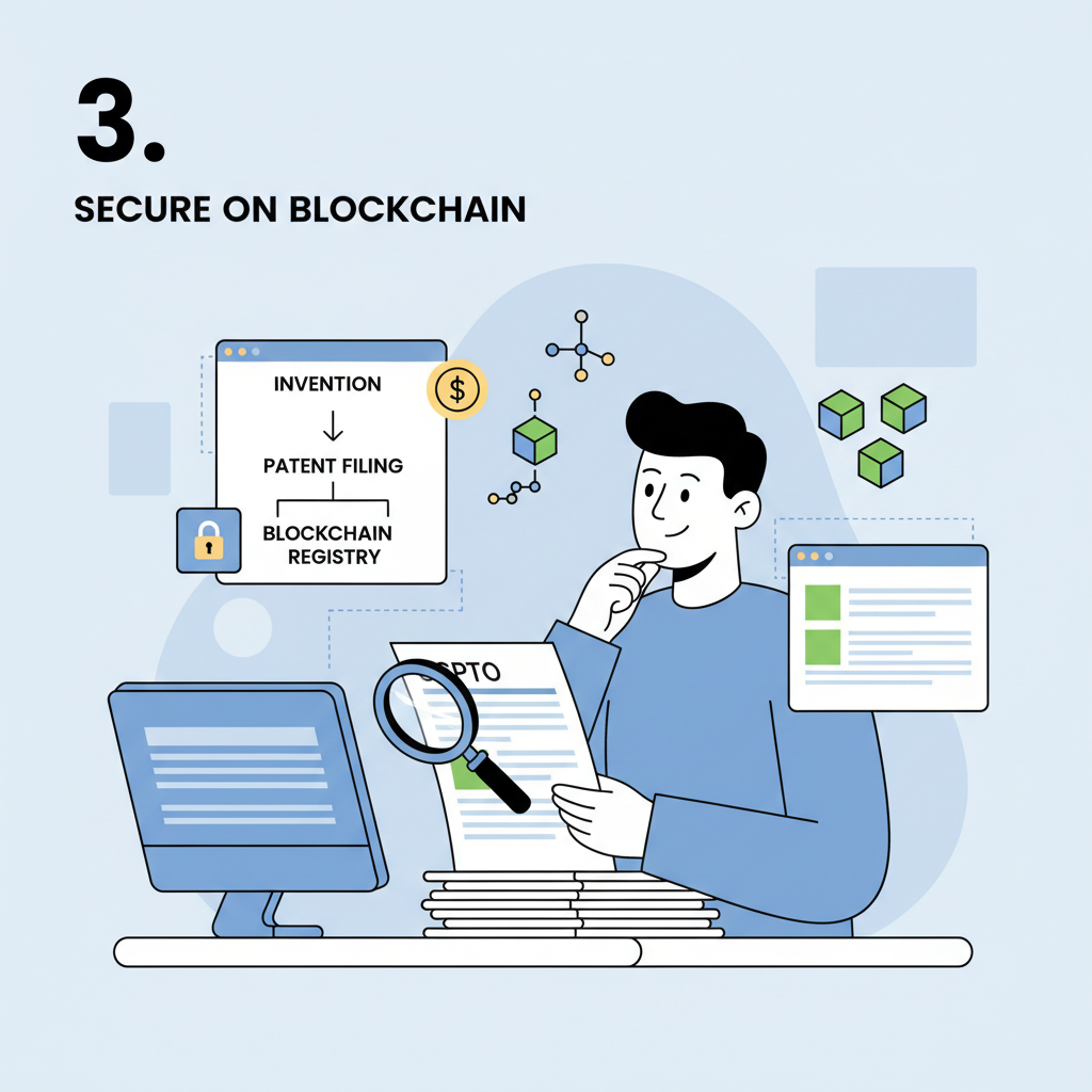 investor at desk reviewing USPTO patent documents with blockchain icons