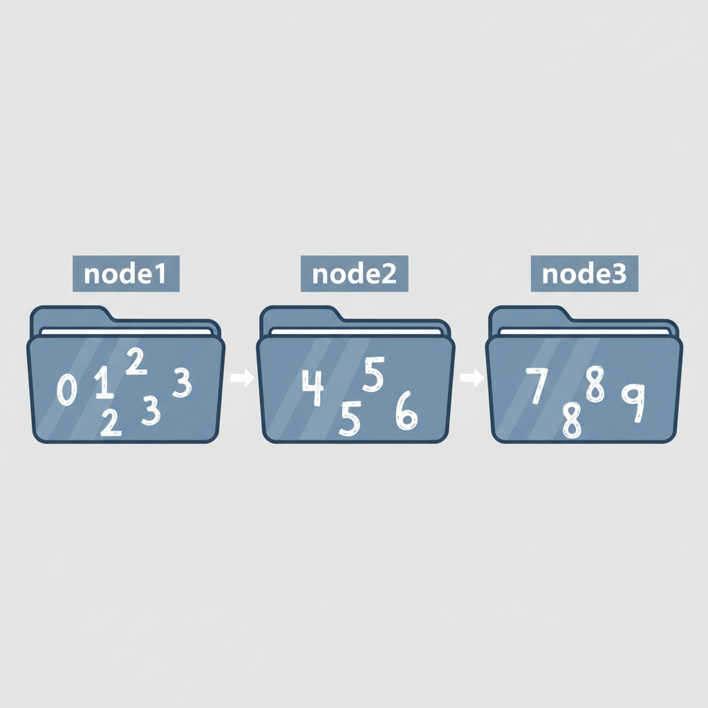 MNIST digits split into three folder icons labeled node1 node2 node3