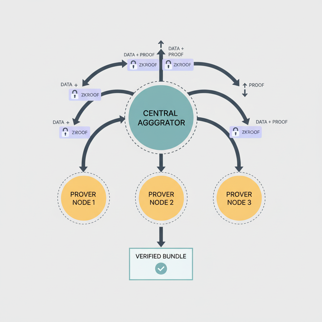 diagram of three nodes connecting to central aggregator with zk proofs