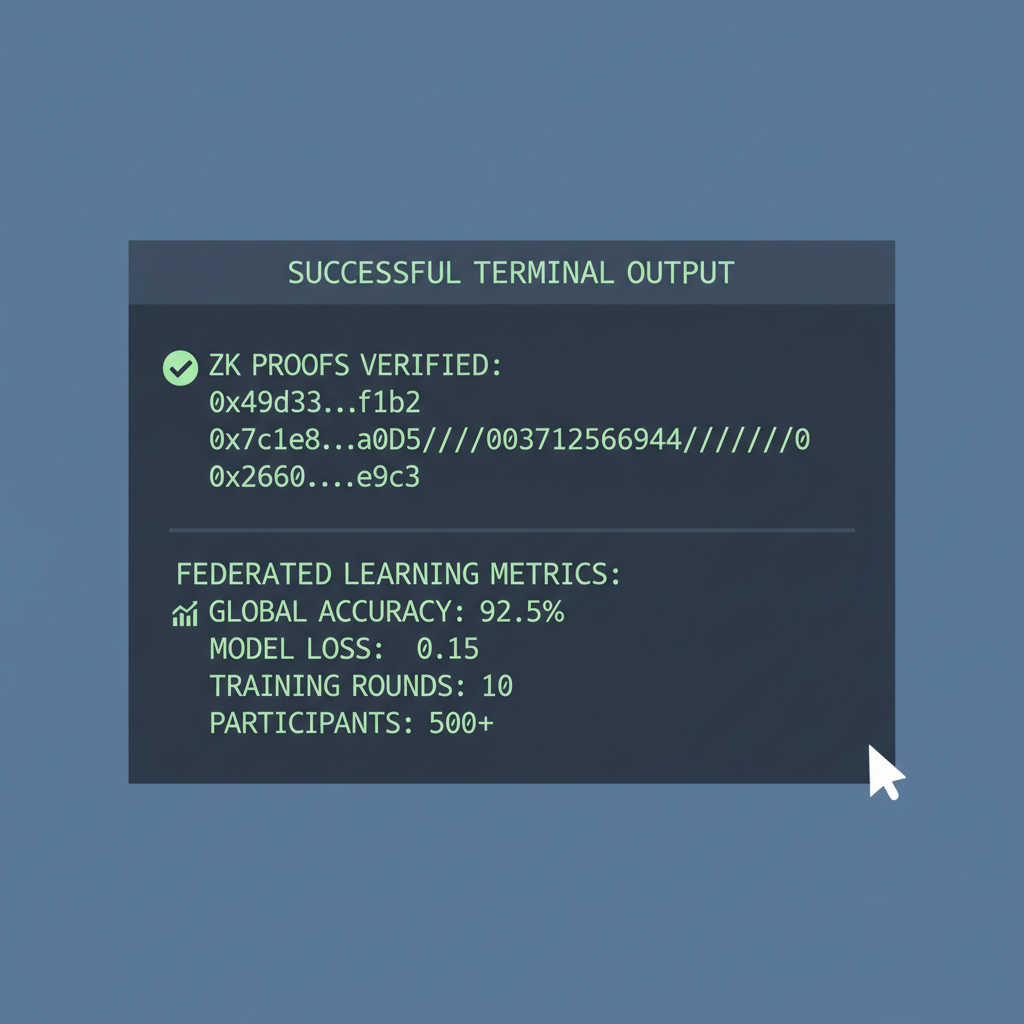 successful terminal output with verified zk proofs and FL metrics