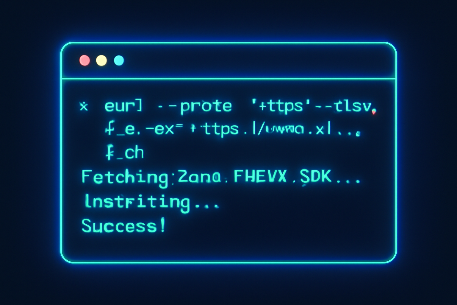 terminal window installing Zama FHEVM SDK, glowing code lines, cyberpunk neon blues