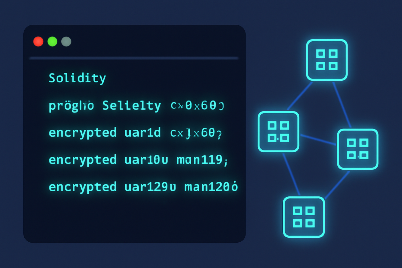Solidity code editor with glowing encrypted euint types, blockchain nodes connecting, futuristic UI