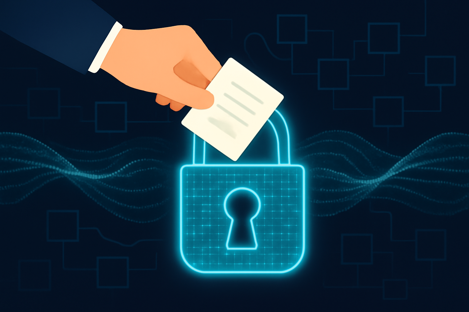 hand encrypting ballot into glowing data lock, homomorphic encryption waves, dark blockchain background