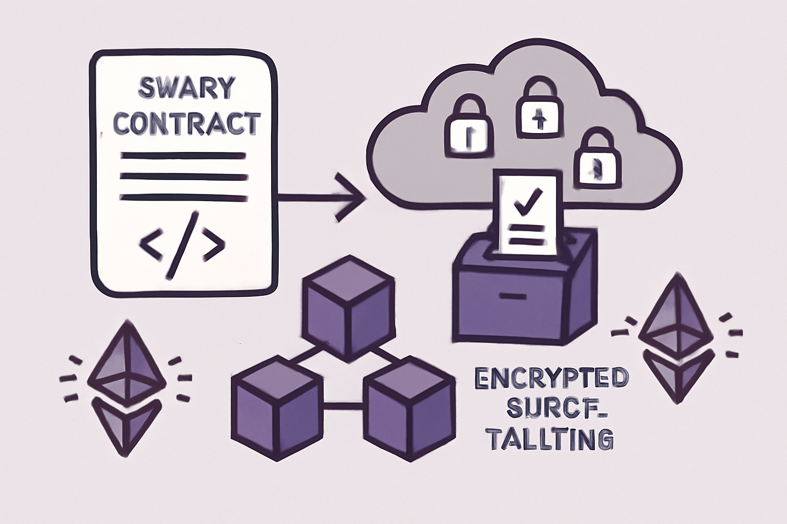 smart contract deploying to blockchain, encrypted votes tallying in fog, Ethereum nodes pulsing