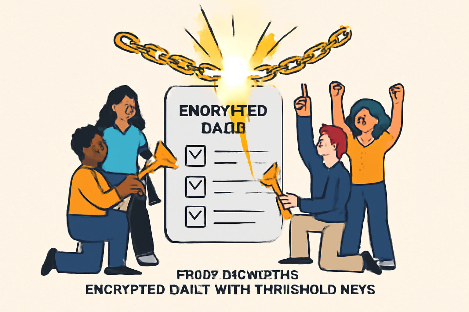 group decrypting encrypted tally with threshold keys, light breaking through chains, triumphant DAO celebration