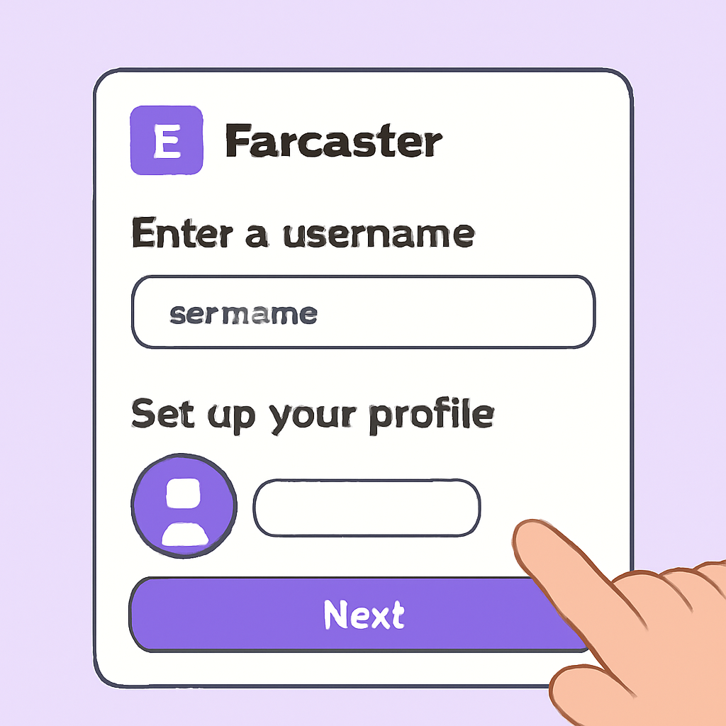 A user entering a username and setting up a profile on the Farcaster app interface.