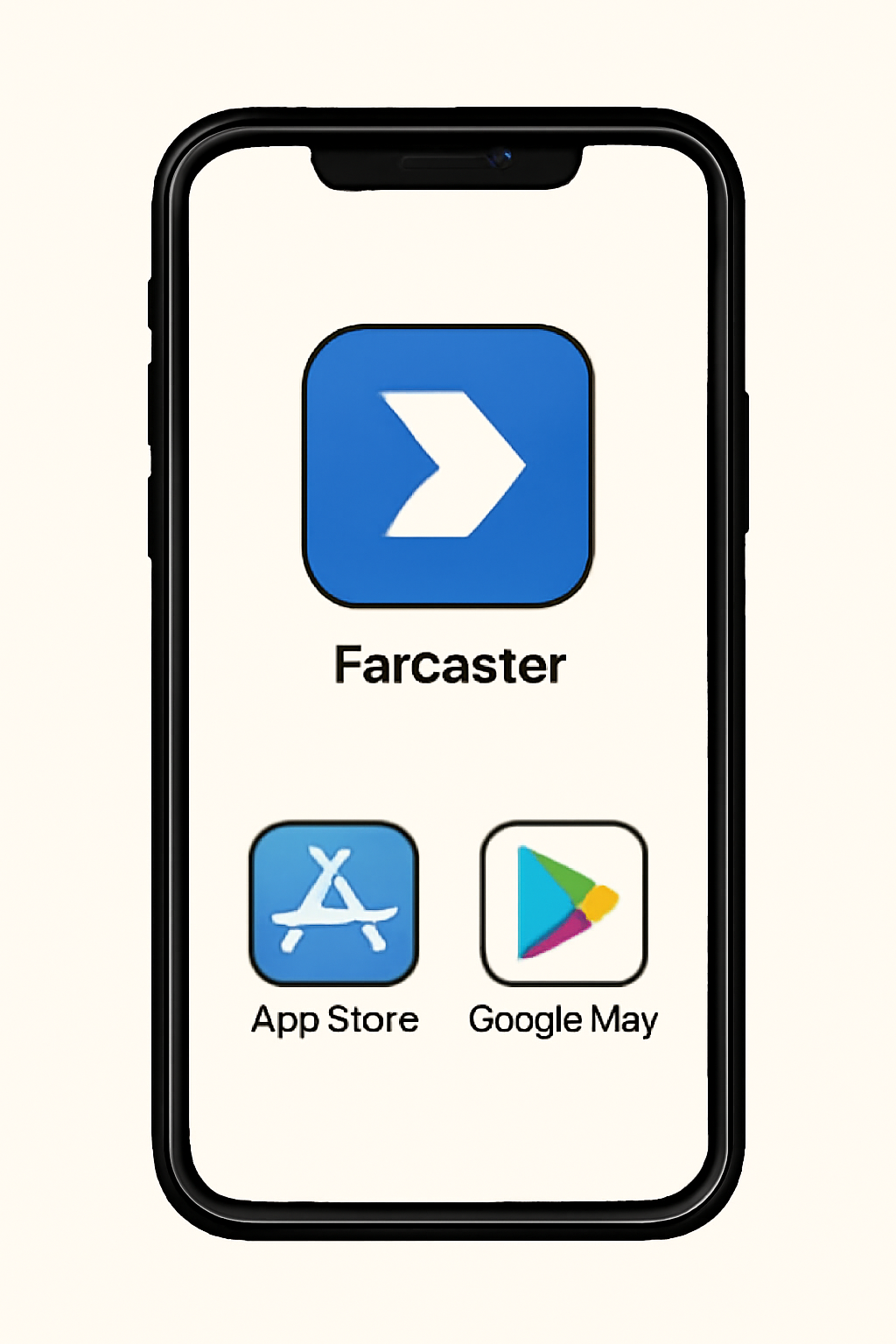 A smartphone displaying the Farcaster app icon on the home screen, with the App Store and Google Play logos visible.