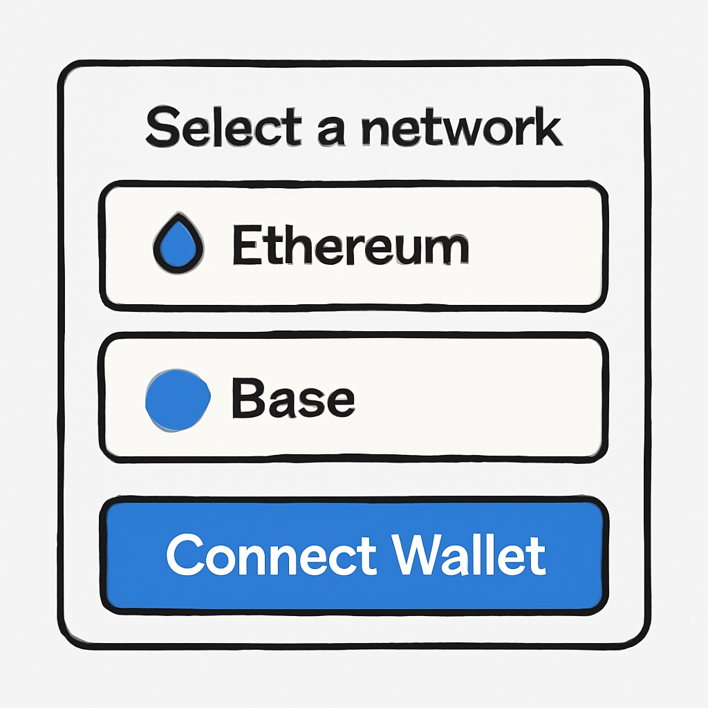 A digital wallet interface showing Ethereum and Base network options, with a 'Connect Wallet' button highlighted.