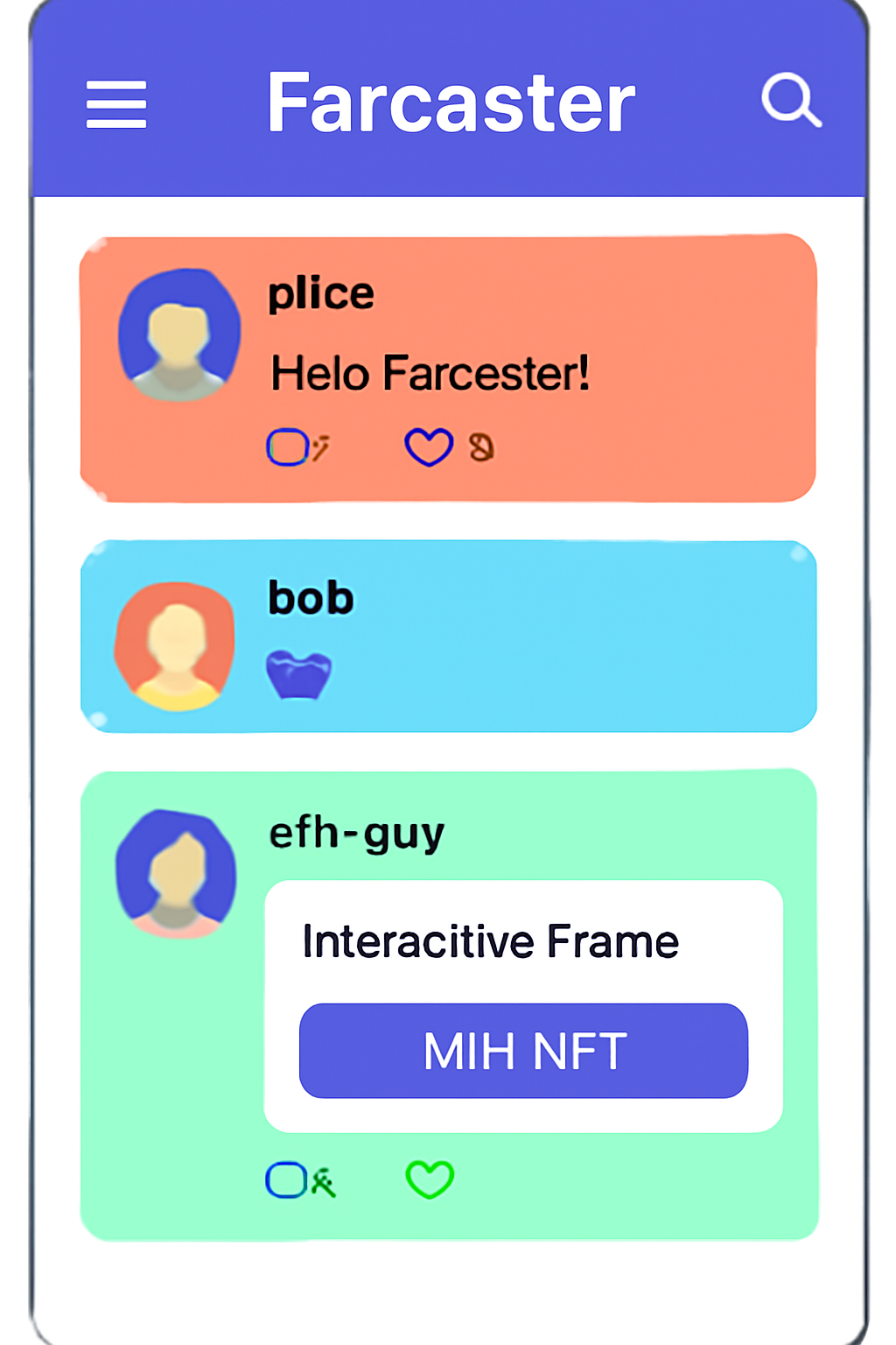 A vibrant Farcaster feed displaying user posts, recasts, likes, and an interactive Frame with a 'Mint NFT' button.