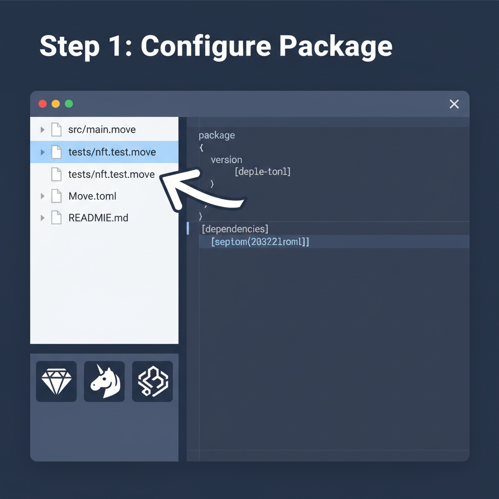 code editor open with Move.toml file highlighted, NFT icons, modern dev UI
