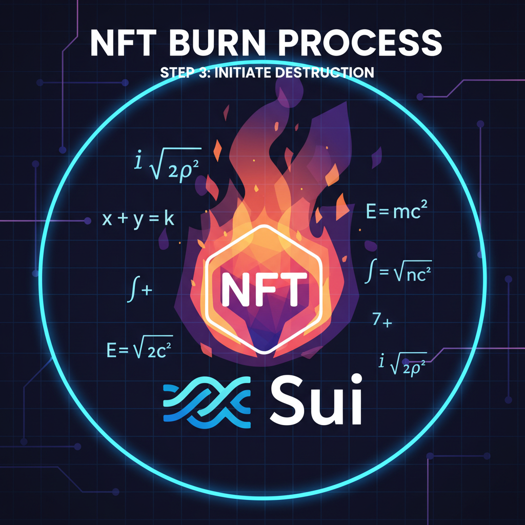 NFT burning into flames on Sui blockchain, invariant math equations floating, dramatic fiery cyber aesthetic