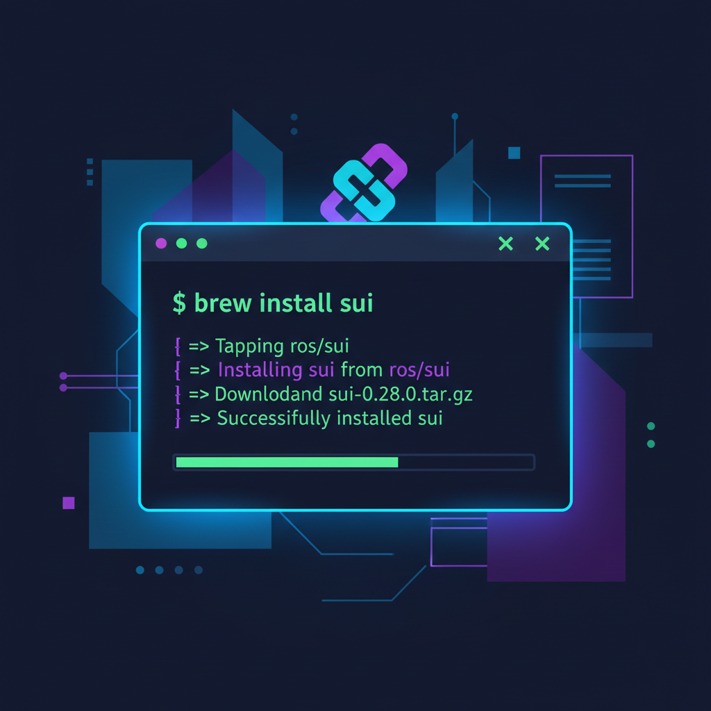 terminal window running brew install sui CLI, futuristic blockchain glow, dark mode cyberpunk style